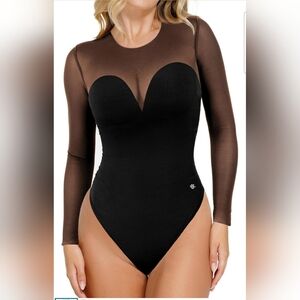 Popilush Women's Black Mesh Long Sleeve Shapewear Tummy Control Bodysuit Size S